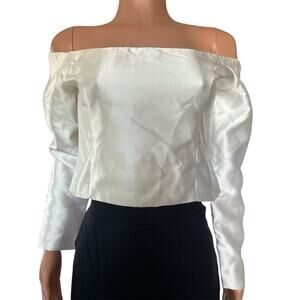 Lulus Women’s Large Off Shoulder White Satin Blouse Long Sleeve Crop Top Chic